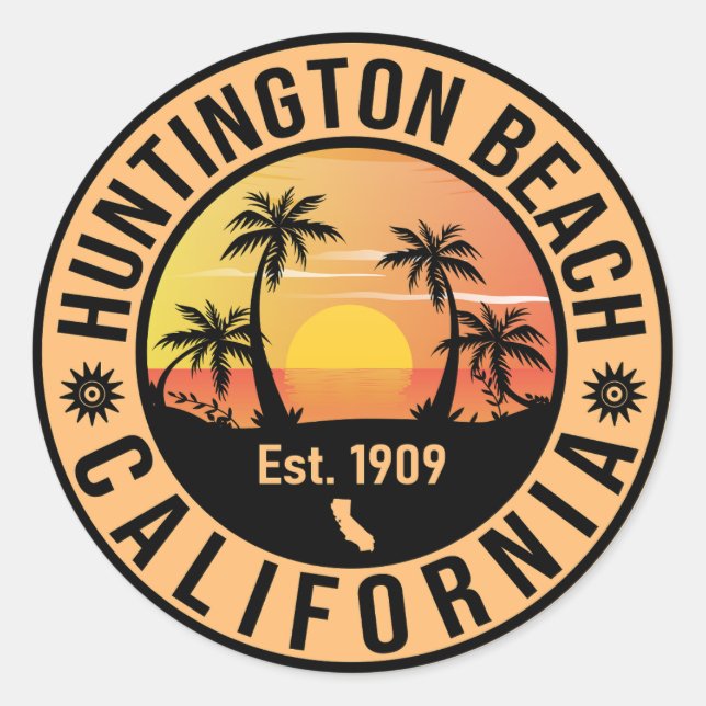 Pegatina Redonda Huntington Beach California Retro Sunset Souvenirs (Anverso)
