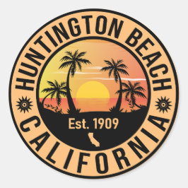 Pegatina Redonda Huntington Beach California Retro Sunset Souvenirs