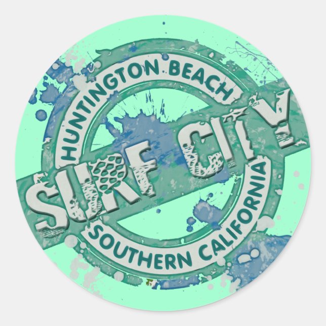 Pegatina Redonda Huntington Beach Southern California Surf City (Anverso)