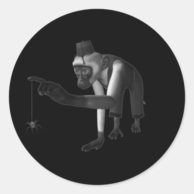 Pegatina Redonda Hurdy Gurdy 3D Music Monkey & Spider Black & White (Anverso)