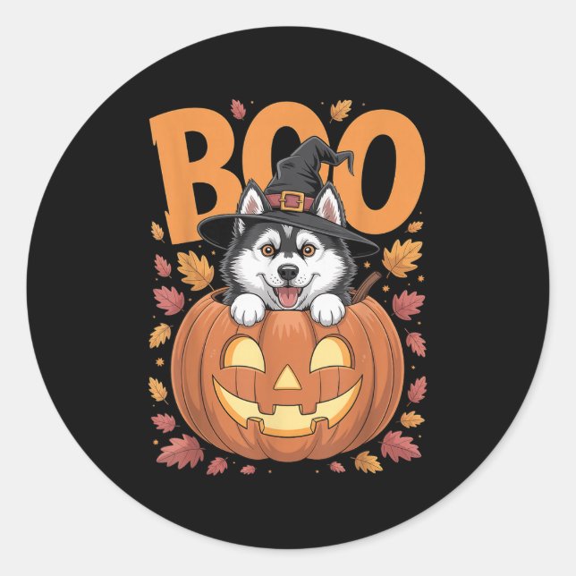 Pegatina Redonda Husky Costume On Pumpkin Halloween Siberian Husky  (Anverso)