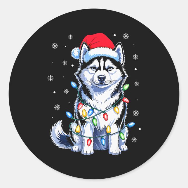 Pegatina Redonda Husky Dog Christmas Lights Santa Hat Family Xmas P (Anverso)