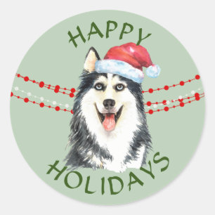 Pegatina Redonda Husky Dog Santa Hat Felices Fiestas