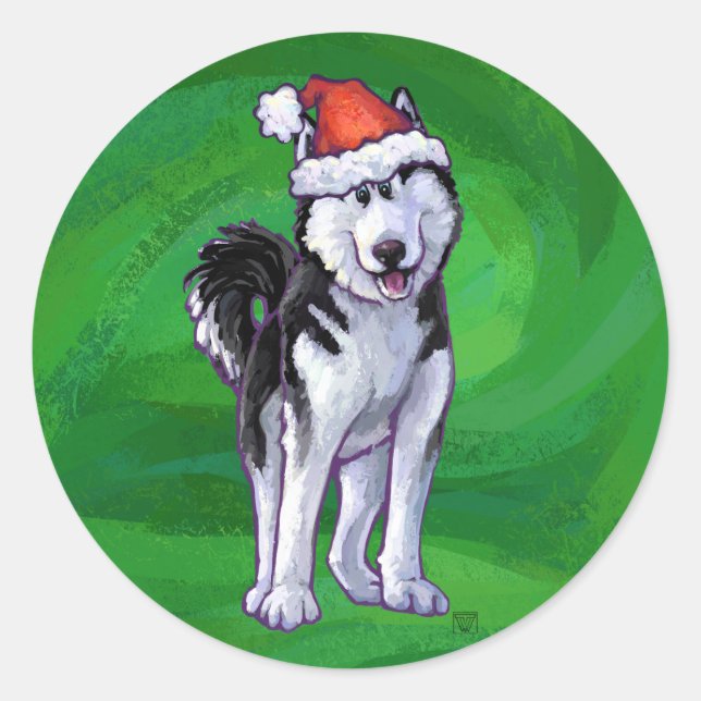 Pegatina Redonda Husky festivo en Santa Hat en Green (Anverso)