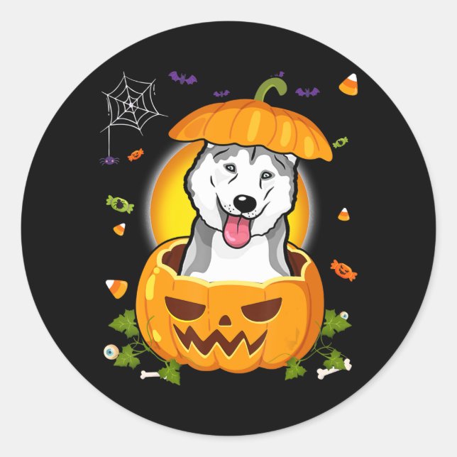 Pegatina Redonda Husky Gift | Halloween Dog Witch Pumpkin Husky (Anverso)