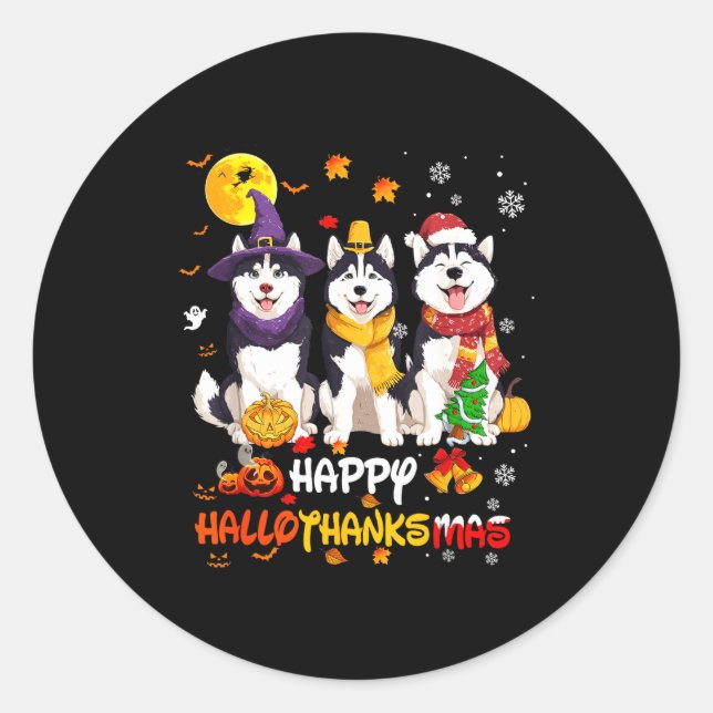 Pegatina Redonda Husky Happy Hallothanksmas Dog Lover Christmas  (Anverso)
