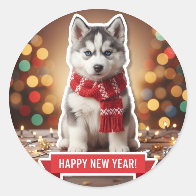 Pegatina Redonda Husky Puppy Festive Scarf Sticker (Anverso)