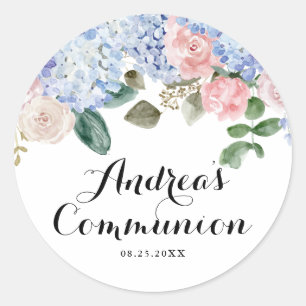 Pegatina Redonda Hydrangea azul y rosa rosa primera comunión sagrad