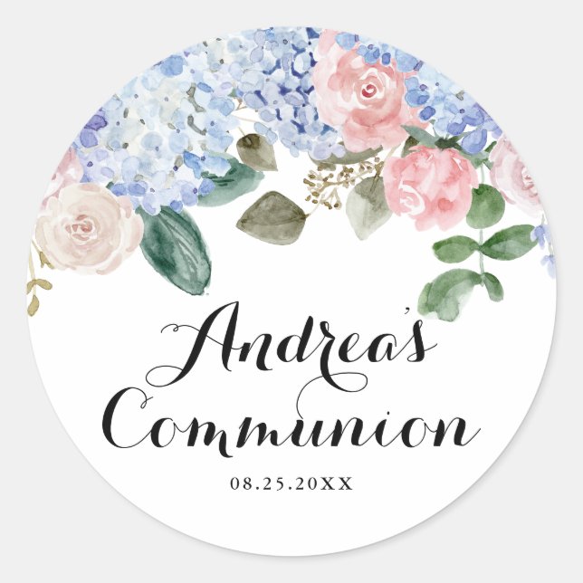 Pegatina Redonda Hydrangea azul y rosa rosa primera comunión sagrad (Anverso)