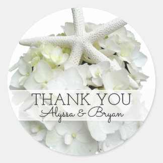 Pegatina Redonda Hydrangea Blanca Starfish Boda Gracias