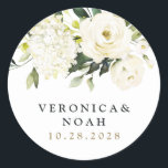 Pegatina Redonda Hydrangea Elegante Rosa de Oro Blanco Boda Floral<br><div class="desc">El diseño presenta hidraangea elegante y acuarelas rosas en tonos blancos,  dorados,  marfil,  champán y otros colores neutros sobre vegetación,  eucalipto y otros follajes botánicos.</div>