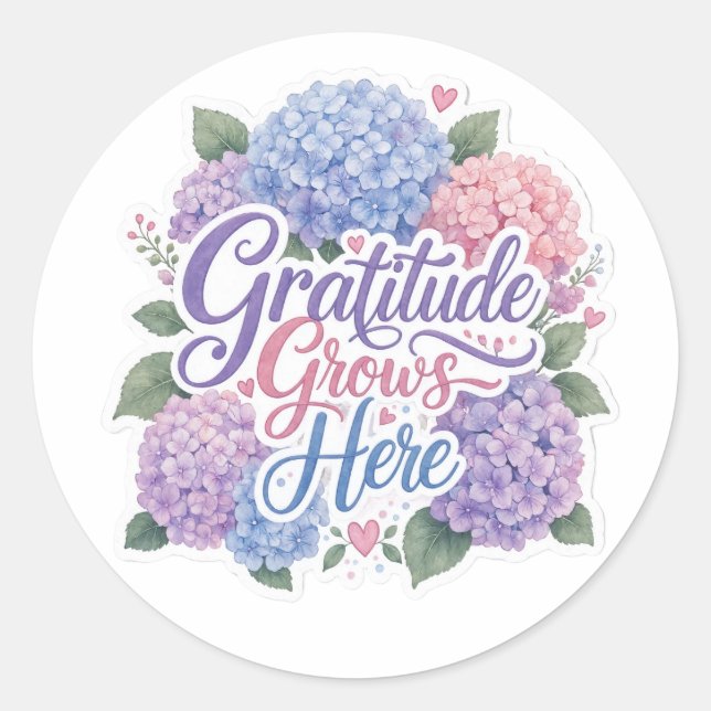 Pegatina Redonda Hydrangea : La gratitud crece aquí (Anverso)