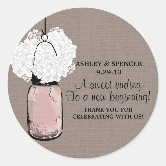 Pegatina Redonda Hydrangea y Mason Jar ruso (Anverso)