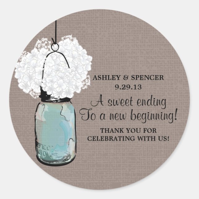 Pegatina Redonda Hydrangea y Mason Jar ruso (Anverso)