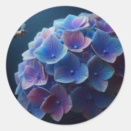 Pegatina Redonda Hydrangeas Floral Púrpura y Azul