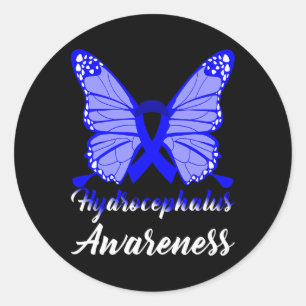 Pegatina Redonda Hydrocephalus Awareness Butterfly Blue Ribbon Supp