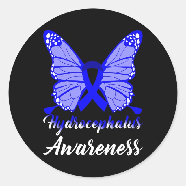 Pegatina Redonda Hydrocephalus Awareness Butterfly Blue Ribbon Supp (Anverso)