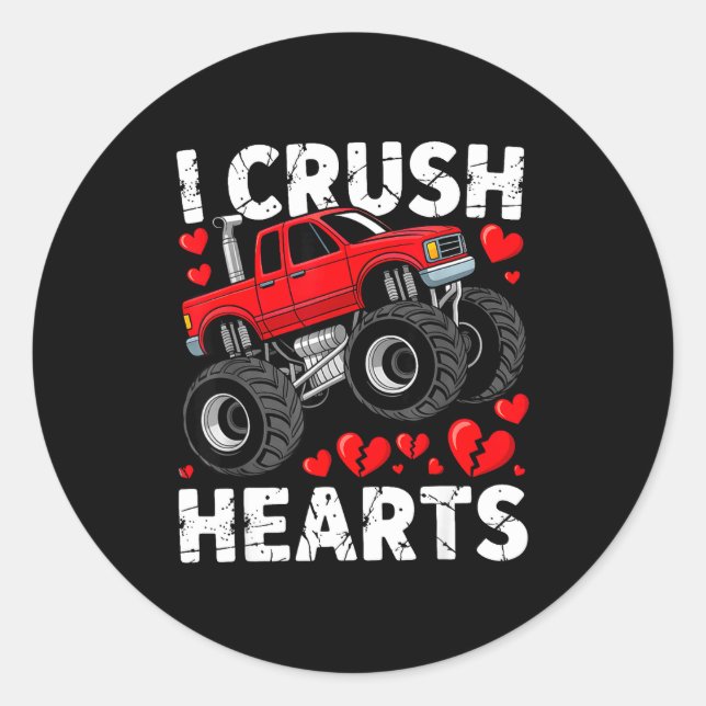 Pegatina Redonda I Crush Hearts Valentine Monster Truck Boys Toddle (Anverso)
