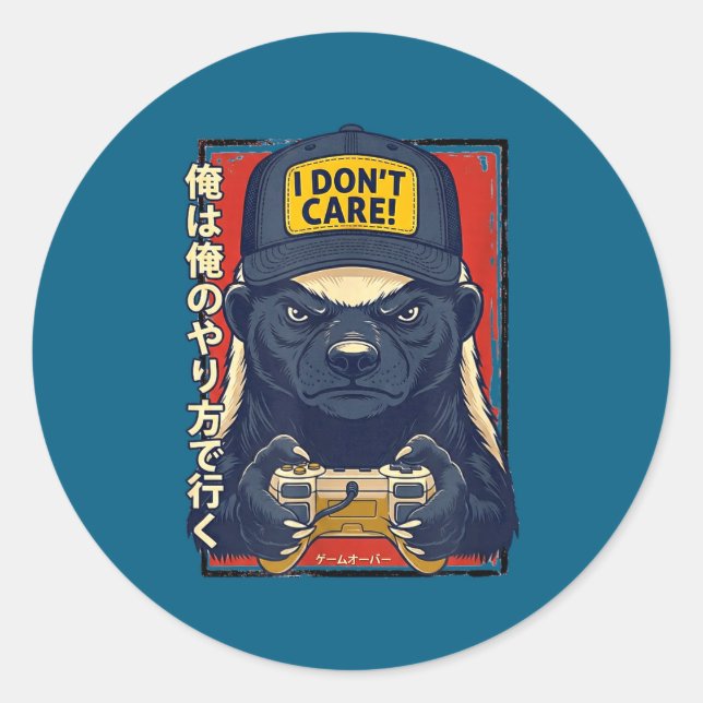 Pegatina Redonda I Don’t Care - Honey Badger Gamer Design  (Anverso)