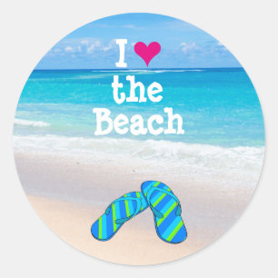 Pegatina Redonda I Heart (Love) the Beach Flip Flops in the Sand