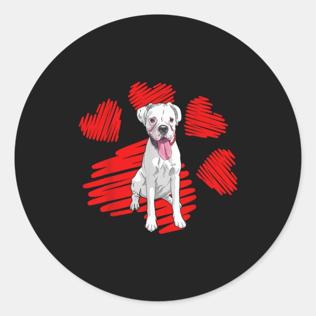 Pegatina Redonda I Love My White Boxer Dog Paw Heart Valentines Day (Anverso)