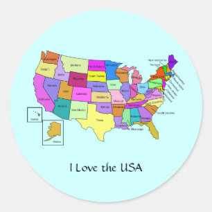 Pegatina Redonda I Love USA, United States map