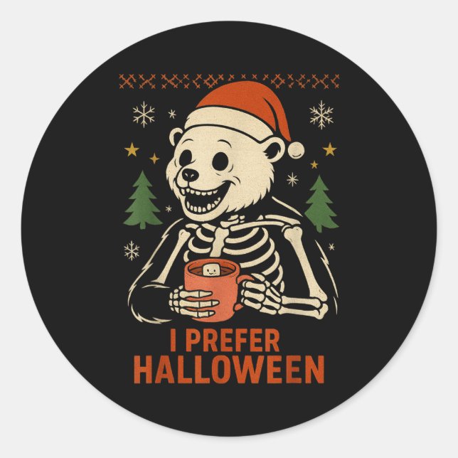 Pegatina Redonda I Prefer Halloween Tree Bear Skeleton Christmas Wo (Anverso)