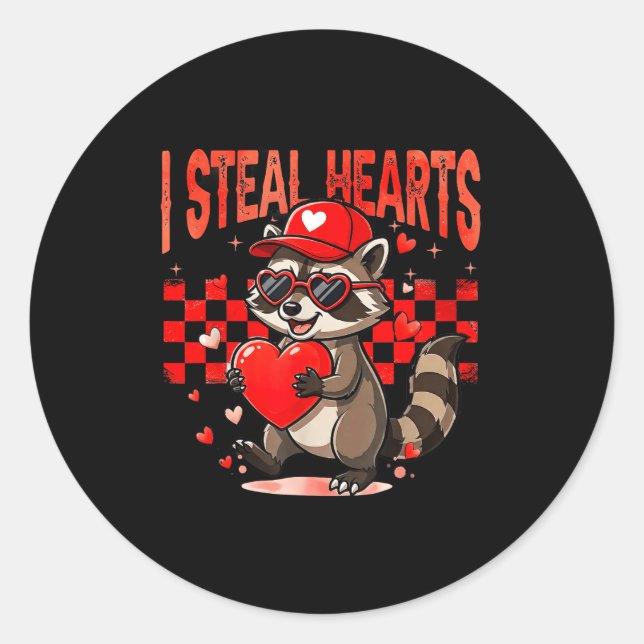 Pegatina Redonda I Steal Hearts Design Raccoon Valentine Day Retro  (Anverso)