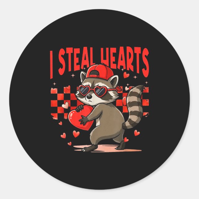 Pegatina Redonda I Steal Hearts Design Raccoon Valentine Day Retro  (Anverso)