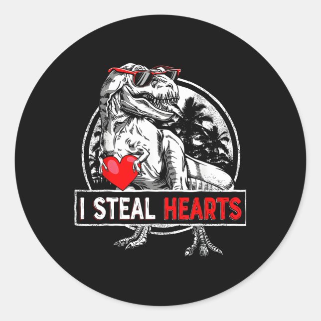 Pegatina Redonda I Steal Hearts Valentines Day Dinosaur Boys Valent (Anverso)