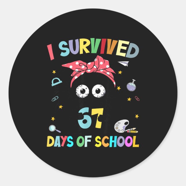 Pegatina Redonda I Survived 67 Days Of School Funny Black Cat Six S (Anverso)