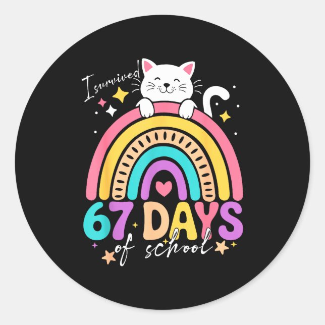 Pegatina Redonda I Survived 67 Days Of School Kids Kitten Cat Cool  (Anverso)
