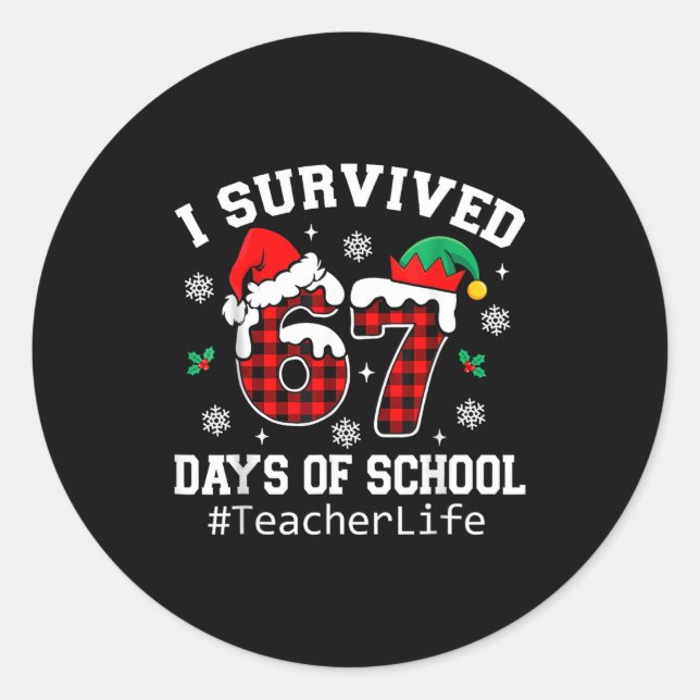 Pegatina Redonda I Survived 67 Days Of School Red Buffalo Plaid Tea (Anverso)