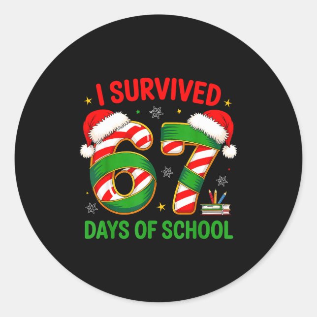 Pegatina Redonda I Survived 67 Days Of School Santa Hat Xmas Teache (Anverso)