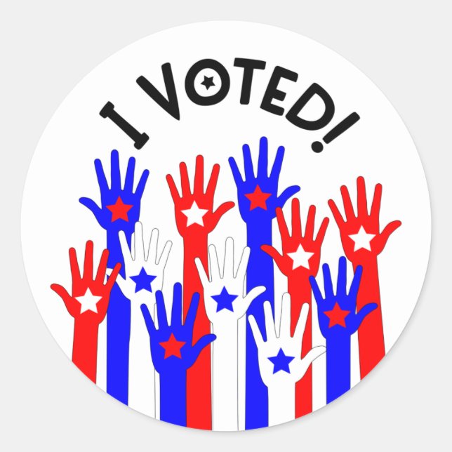 Pegatina Redonda I voted! Red white blue stars voting hands (Anverso)