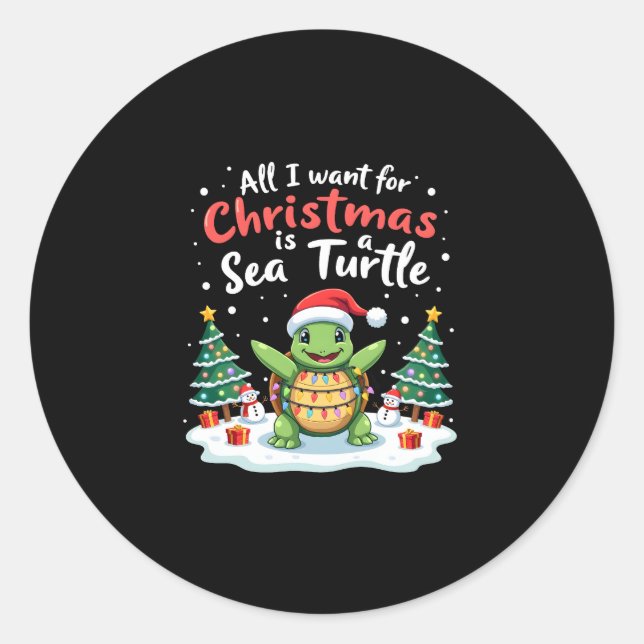 Pegatina Redonda I Want For Christmas Is A Sea Turtle Xmas Tree Lig (Anverso)