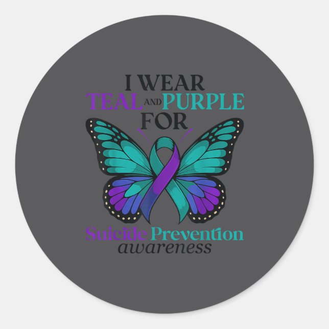 Pegatina Redonda I Wear Teal &amp; Purple Butterfly Suicide Prevent (Anverso)