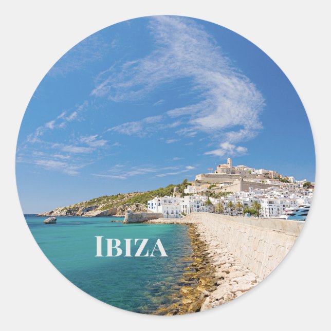 Pegatina Redonda Ibiza, vistas panorámicas, España (Anverso)