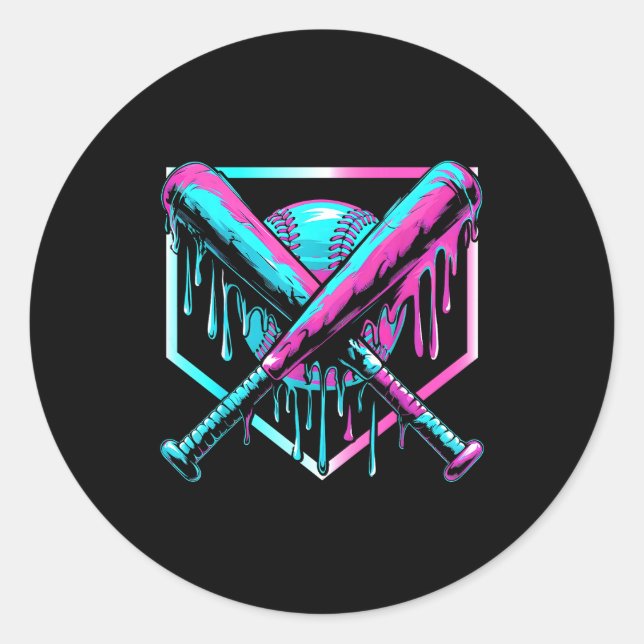 Pegatina Redonda Ice Cream Baseball Drip Home Plate Bats Cool For B (Anverso)