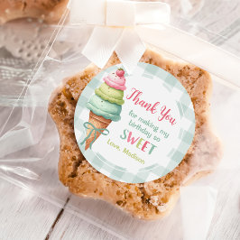 Pegatina Redonda Ice Cream Blue Bow Gingham Birthday Party