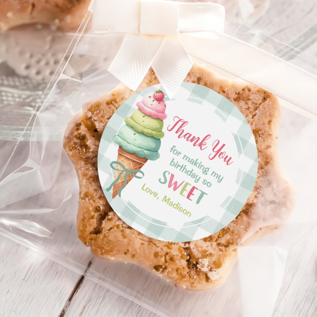 Pegatina Redonda Ice Cream Blue Bow Gingham Birthday Party (Subido por el creador)