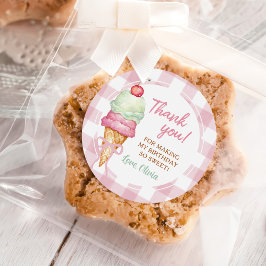 Pegatina Redonda Ice Cream Pink Bow Gingham Birthday Party