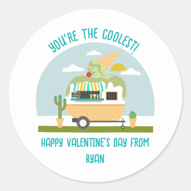 Pegatina Redonda Ice Cream Truck Green Classroom Valentine (Anverso)