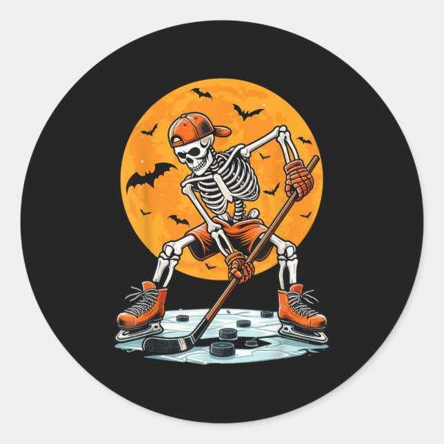 Pegatina Redonda Ice Hockey Skeleton Soky Boys Halloween Hockey Pla (Anverso)