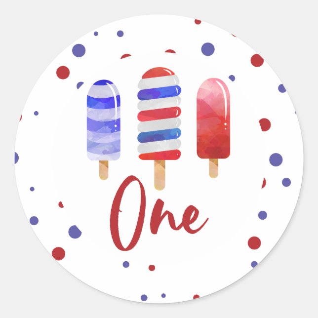 Pegatina Redonda Ice Pops One Red White Blue Primer Cumpleaños (Anverso)
