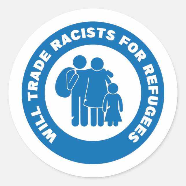 Pegatina Redonda Icono Del Comercio De Racismo Por Refugiados (Anverso)