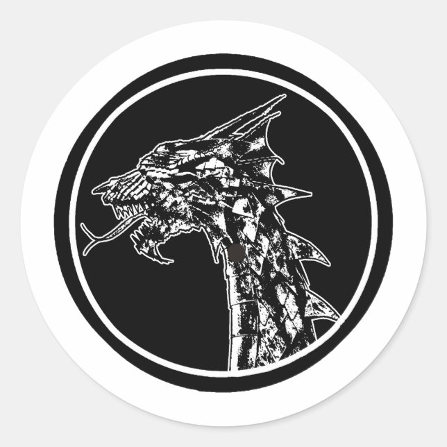 Pegatina Redonda Icono del logotipo del dragón blanco y negro (Anverso)