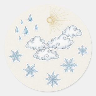 Pegatina Redonda Iconos climáticos caprichosos: sol, nubes, lluvia 