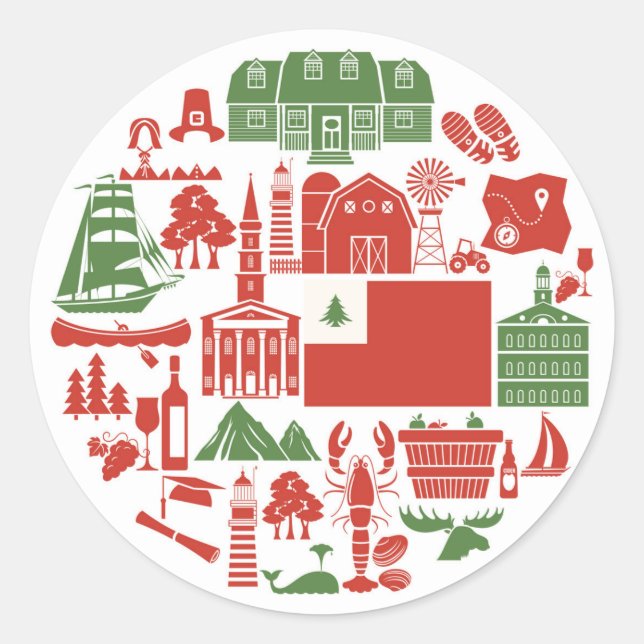 Pegatina Redonda Iconos de Nueva Inglaterra (Anverso)