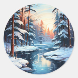 Pegatina Redonda Icy Pond and Pines Christmas Sticker